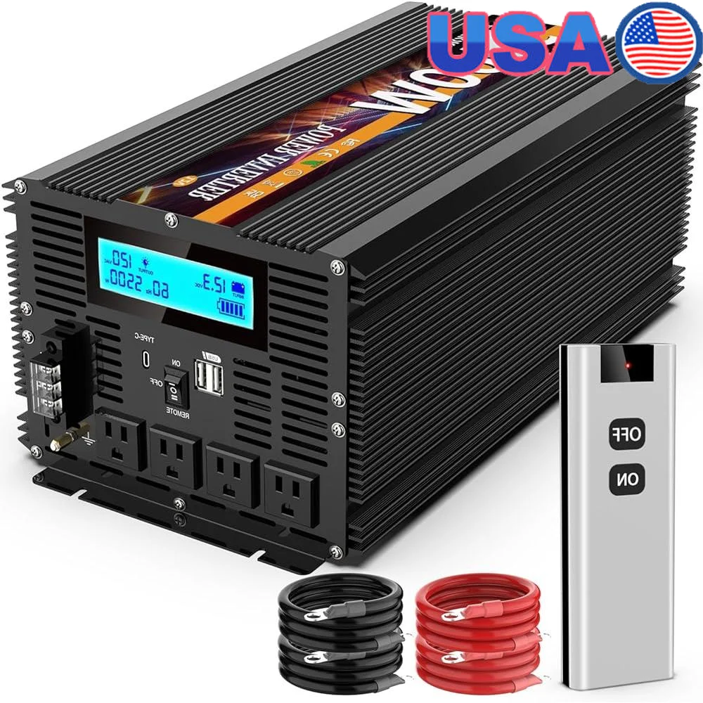 5500W Power Inverter 12V DC to AC 120V Converter RV Camping Off Grid Solar System with Type-C Ports 3 AC Outlets Remote Control