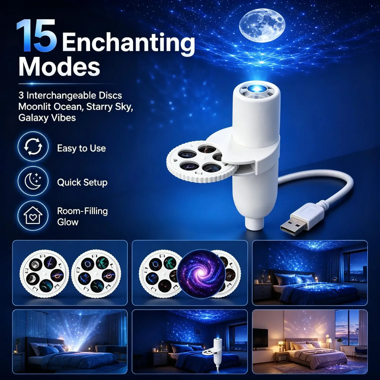 2-in-1 USB-Ambientelicht Sternenhimmel-Projektion Atmosphäre Mehrere Szenen Einstellbare Fokusdistanz Nachtbeleuchtungsfunktion – Detail 5