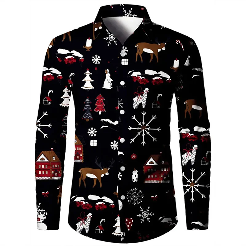 2024 Men\'s Long Sleeve Christmas Santa Fashion Casual Party Lapel Printed Comfortable and Versatile Plus Size Shirt