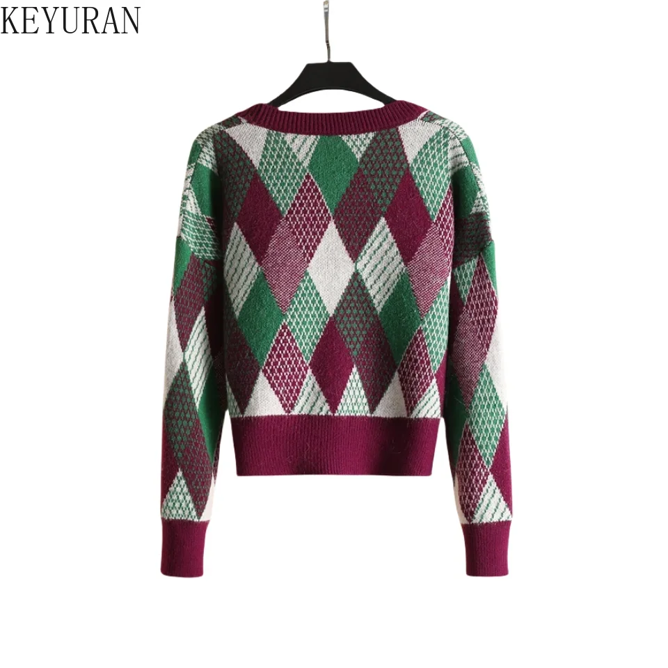 Women Knit Cardigan 2024 Spring Fall Long Sleeve V Neck Loose Sweater Jacket Vintage Diamond Checkered Fashion Knitwear Outwear