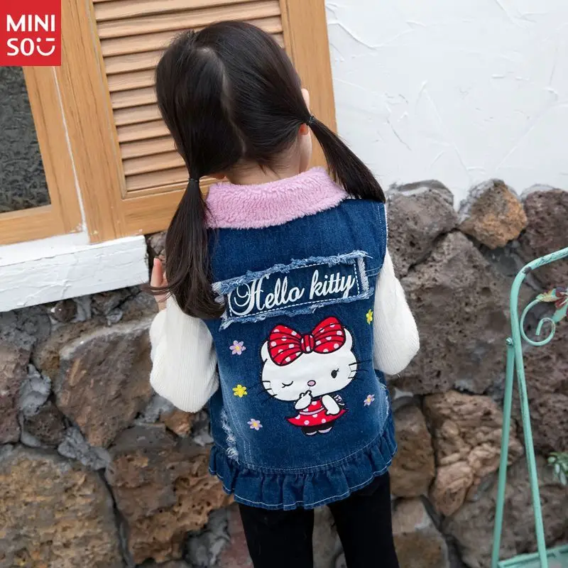 

Miniso Children's Clothing Girls Winter Vest 2024 New Korean Style Fleece Lined Denim Sleeveless Thickened Warm Fashion