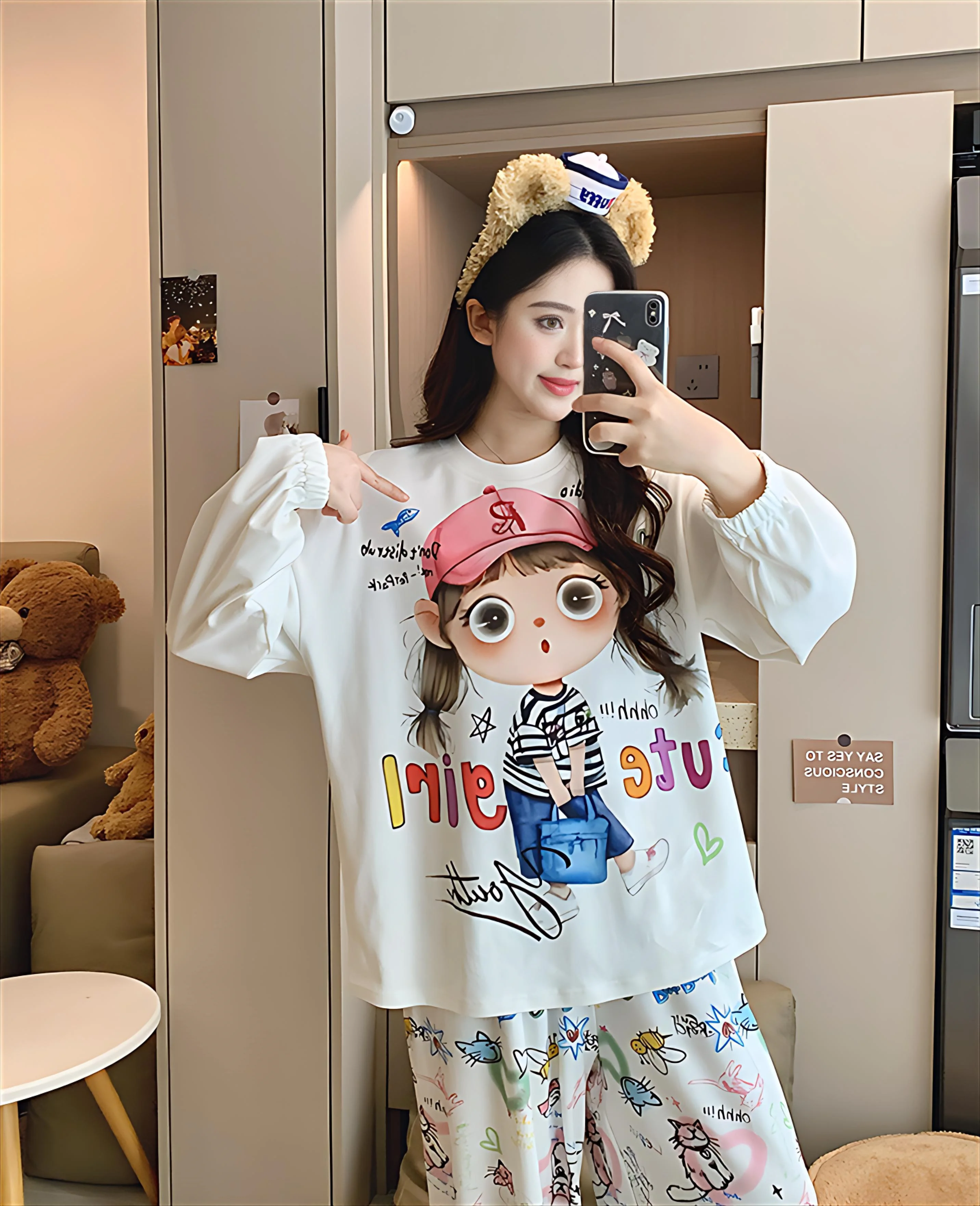 

Pajama Sets Long Sleeve Short Pants Women Cotton Like Kawaii Sleeved Colorful Pockets Lace Cute Adorable Print Sweet Holiday Ins
