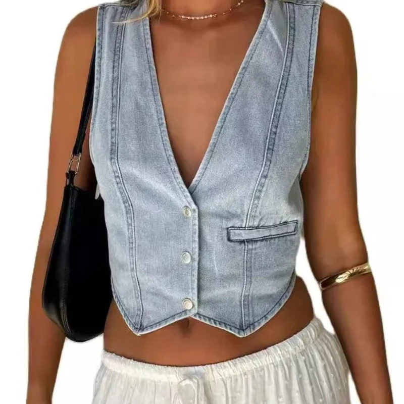 

2026 Denim Vest Women Vintage Short Jacket Sleeveless Washed Distressed Waistcoat V Neck Single Breasted Female Streetwear Tops