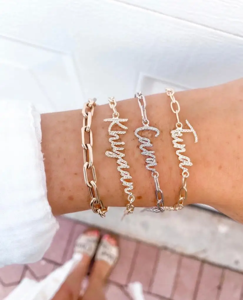 Paperclip Chain Name Bracelet Stainless Steel Ice Out Jewelry Personalized Ice Out Gold Bracelet Christmas Gift  For Mom