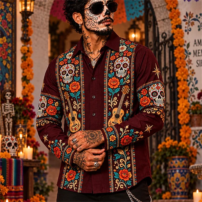 Men's Vintage Halloween Shirt Long-Sleeve Collared Shirt with Spooky Skull Print Trendy Street-Style Top for Holiday Parties