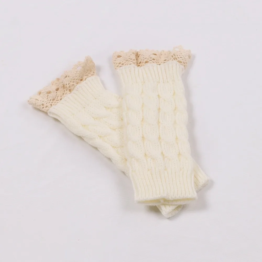Fashion Lace Trim Fingerless Mittens Thicken Long Women Knitted Gloves Warm Soft Half Finger Gloves Winter Season