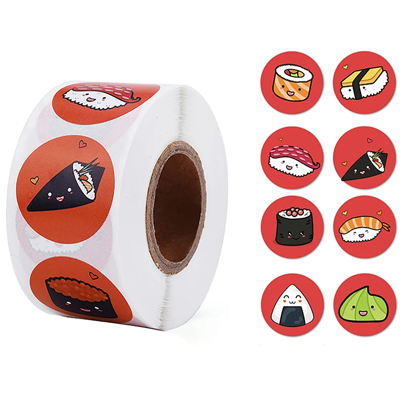 1Rol 2.5Cm/1Inch Cirkelvormige Cartoon Sushi Patroon Sticker Verjaardag Bruiloft Decor Sticker Gebakken Dessert Lunchbox Label Sticker