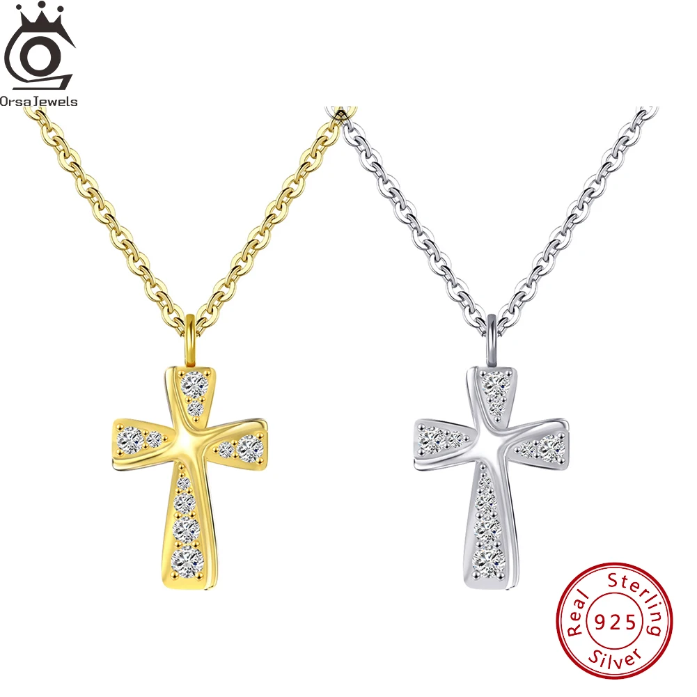 

ORSA JEWELS Fashion 14K Gold Plated Cross Shape Pendant Necklace Zirconia CZ 925 Sterling Silver O Cross Chain for Women SN332