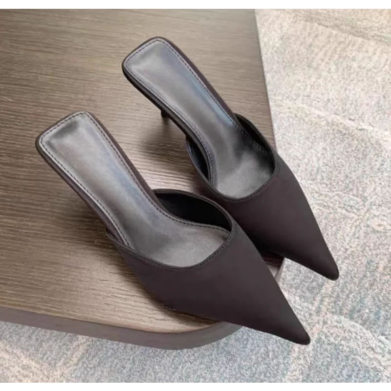 

New Designer Concise Pointed Toe Women Slippers Fashion Thin Low Heels Party Pumps Mules Slide Shoes Party Dress Shoe