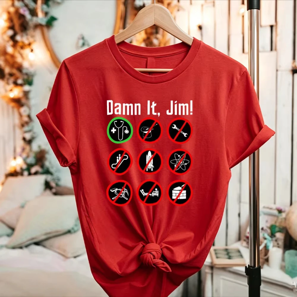 Damn It Jim Funny Sci‑Fi Doctor Graphic T‑shirt Unisex Vintage Washed Cotton Short Sleeve Fan Casual Streetwear Tops