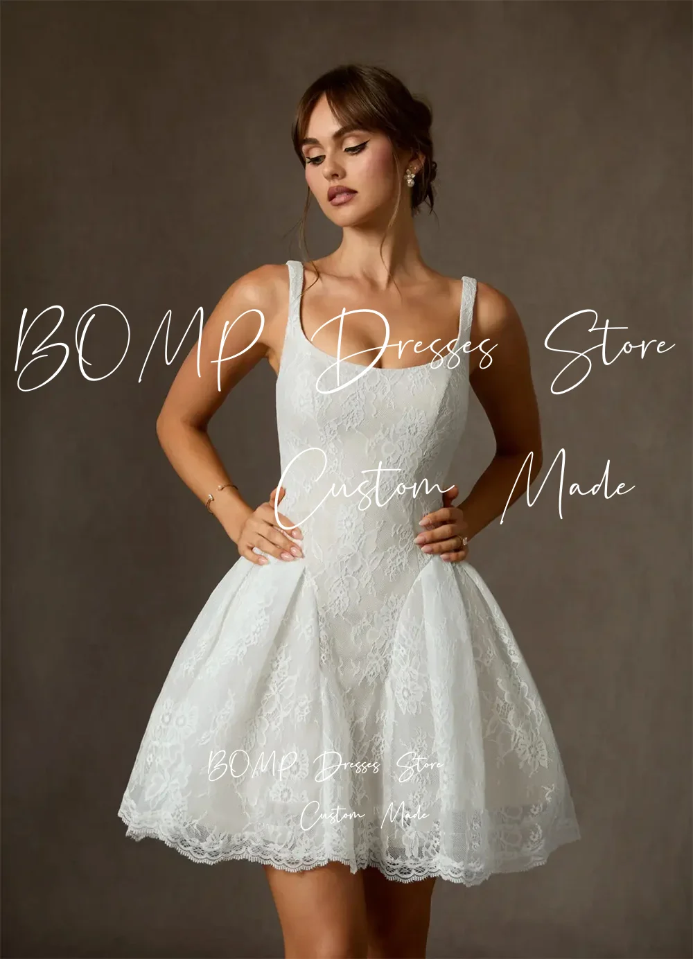 BOMP فساتين زفاف ساحرة بحزامين وفتحة رقبة واسعة دانتيل كامل بطول الركبة مع أوشحة طويلة مصنوعة حسب الطلب 2026 Vestido De Noival #5