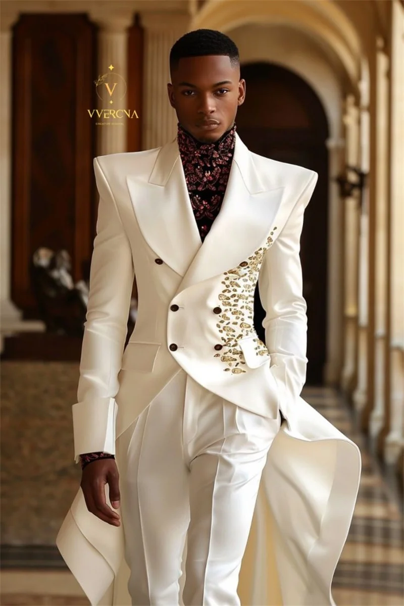 

Белый мужской костюм-двойка: пиджак и брюки с кристаллами, весенний, для свадьбы, смокинг, для офиса, деловой, для жениха, пиджак-куртка