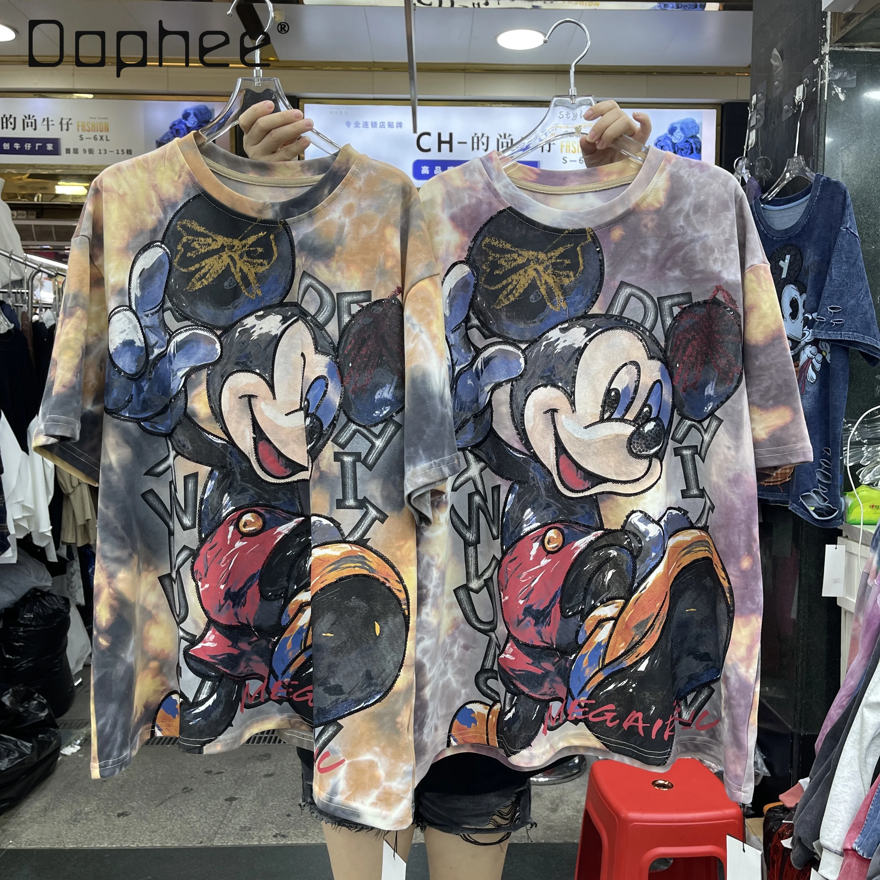 

Oversized Tee Tops 2025 Autumn New Loose Fit Heavy Cartoon Print Round Neck Short Sleeve T-Shirt for Women Kawaii Clothes