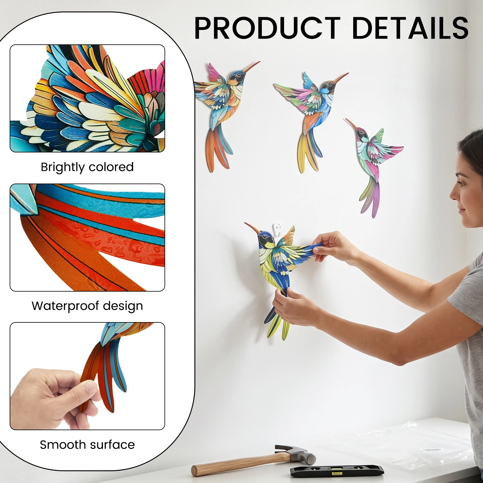 4 Pcs Colorful Hummingbird Wall Art Decor Realistic 3D Metal Hummingbird Sculpture Wall-mounted Bird Sculpture for Patio Garden