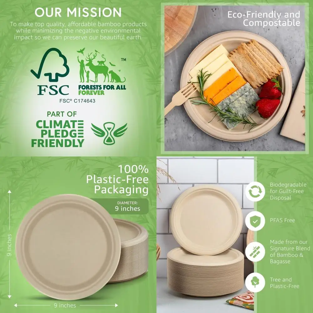 

Набор из 500 бамбуковых компостируемых тарелок диаметром 9 дюймов - прочные, подходят для микроволновой печи, устойчивые к воздействию атмосферных воздействий, биоразлагаемые.