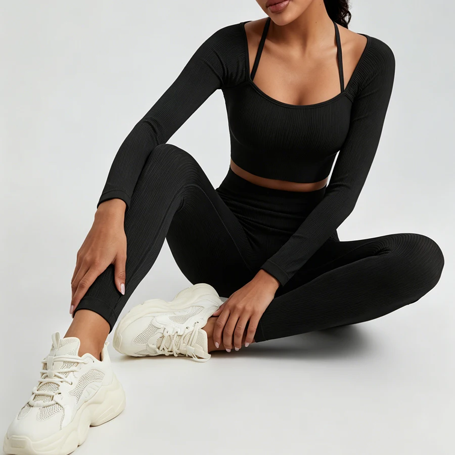 Women's 2 Piece Ribbed Workout Set Long Sleeve Square Neck Crop Top + Seamless High Waist Leggings Gym Yoga Outfit Activewear