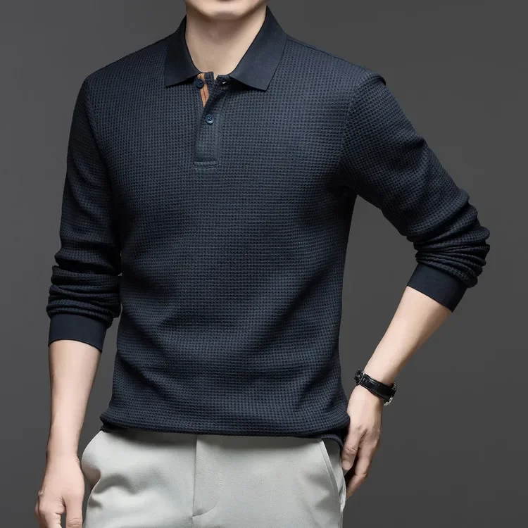 Langarm-Poloshirt aus Waffelstrick – Weiche Baumwollmischung, Slim Fit, Lässiges Business-Oberteil für Herbst und Winter, Mehrfarbig – Detail 13