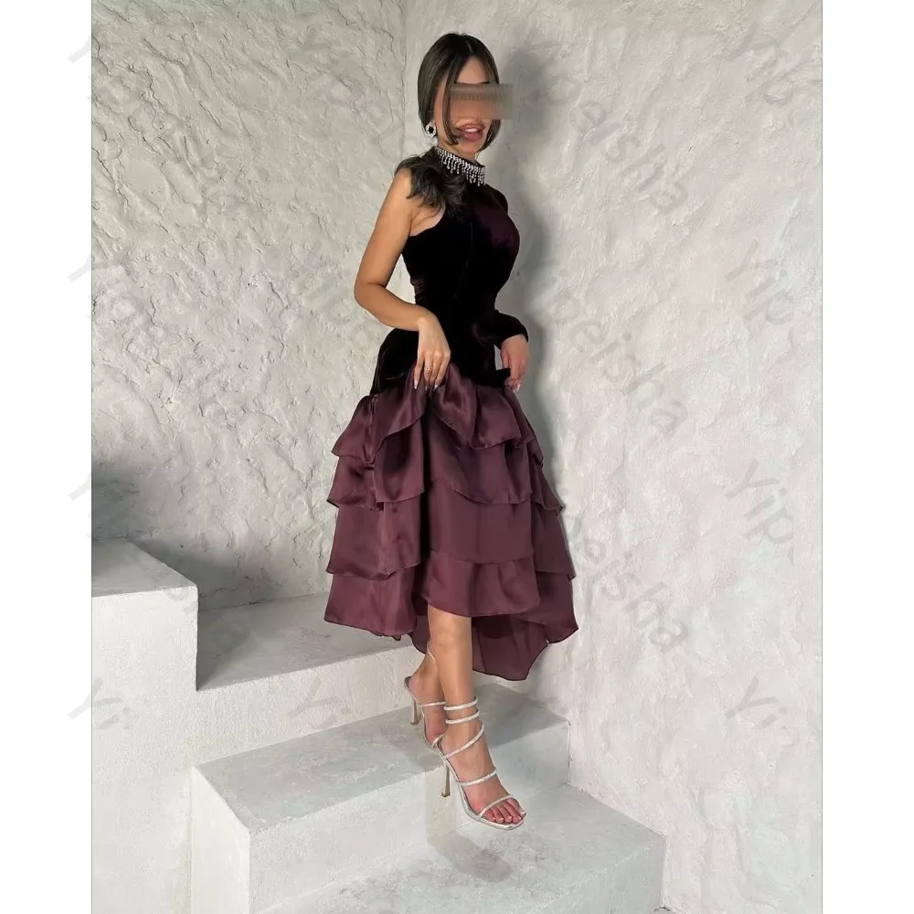 

Customized Velour Evening Dresses One Shoulder Tiered Elegant the Floor-Length High Quality for Bespoke Occasion Party Dress