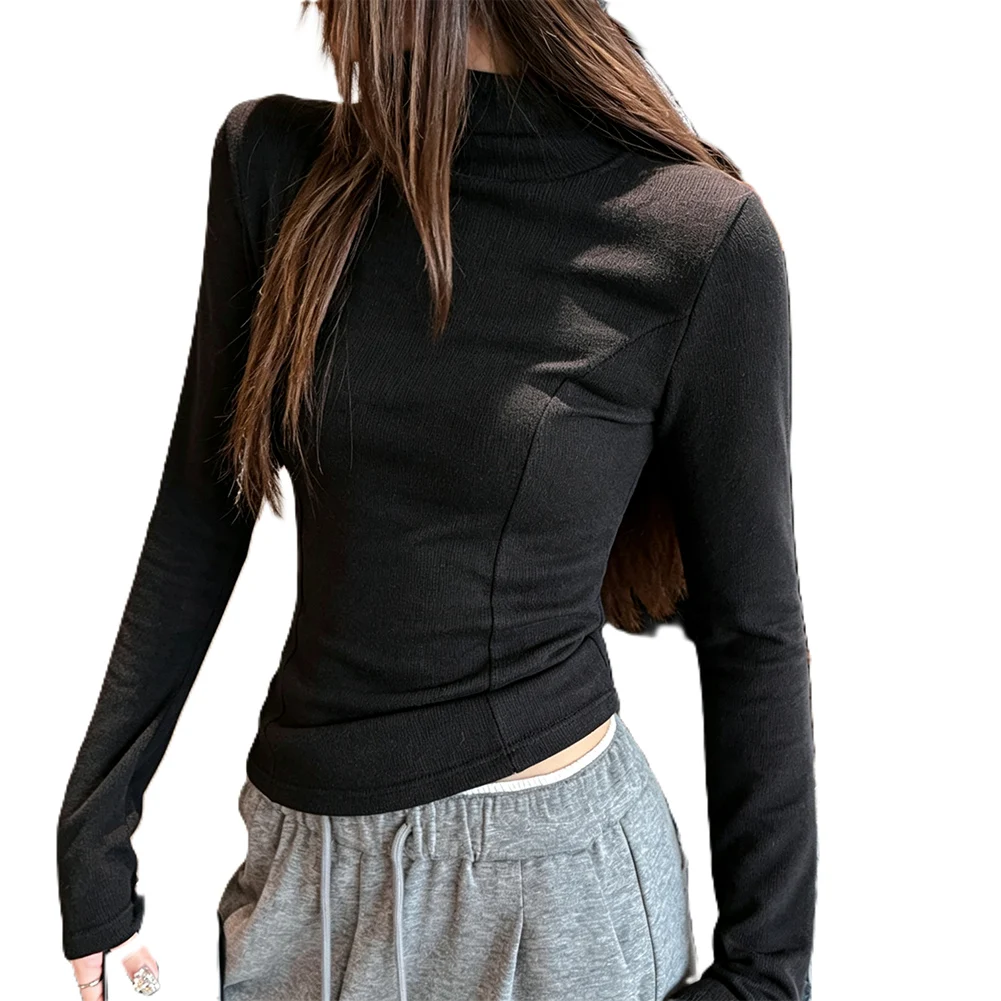 Women Solid Color Mock Neck Rib Spliced Long Sleeve T‑Shirt Base For Top