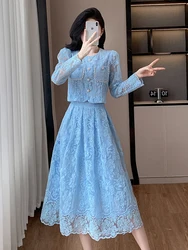 Autumn French Fashion Embroidery Lace Sets Two Piece Suit Pearl Buttons Beaded Long Sleeve Shirt Tops+Midi Skirt Women's Outfit