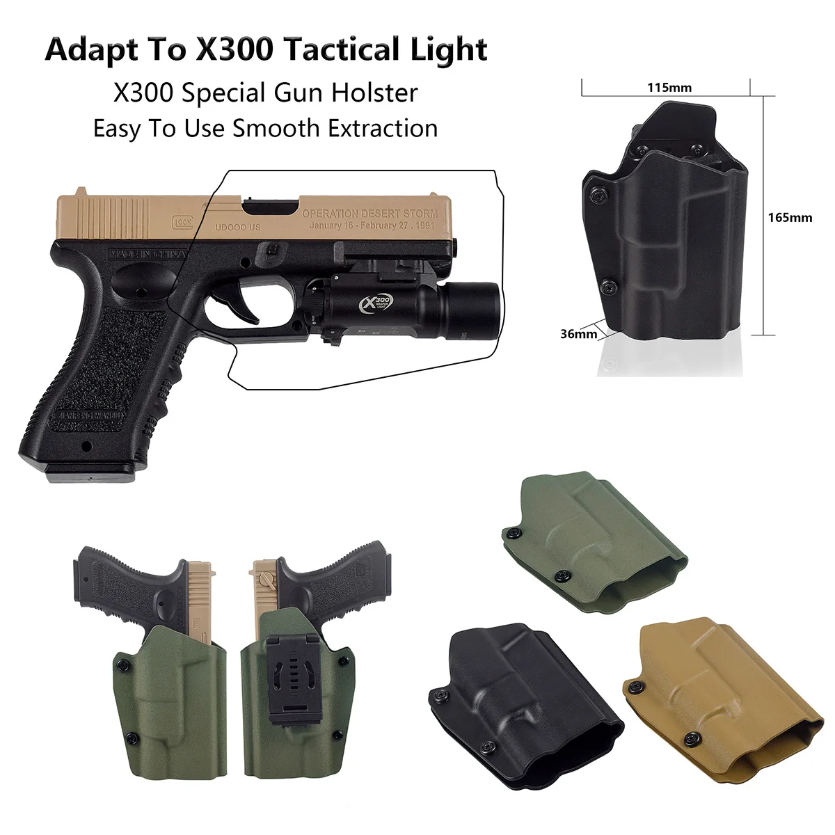 

Тактические аксессуары: быстросъемные кобуры на пояс для пистолетов Glock 17, 19, 45, совместимые с фонарем X300