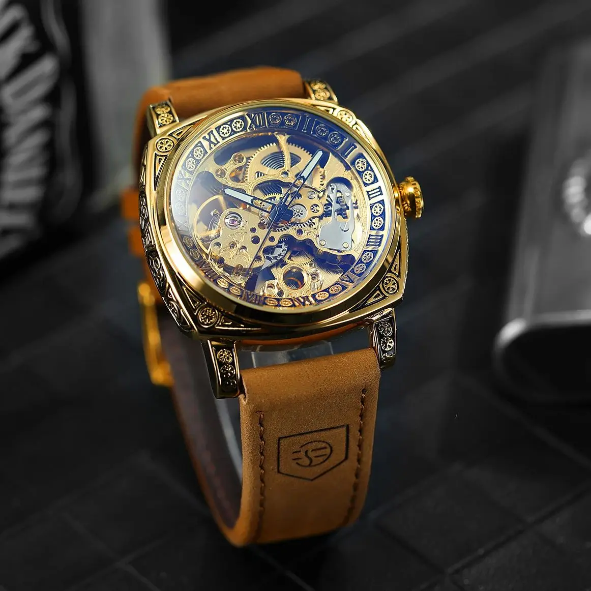 Forsining Gold Skeleton Mechanical Watch for Men Square Engraved Case Leather Strap Fashion Luxury Brand Automatic Mens Watches