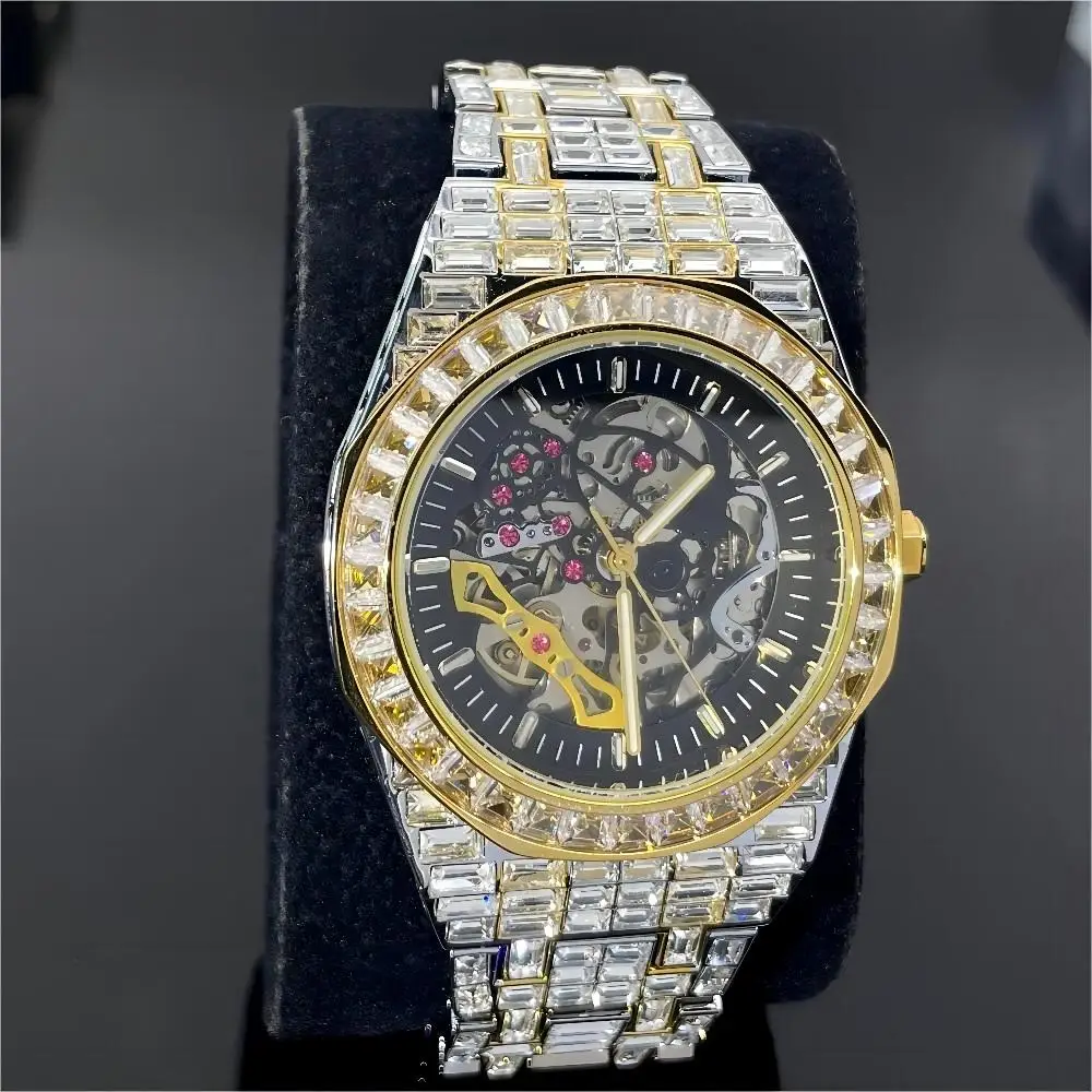 Fashion Brand MISSFOX Gold Sliver Hollow Automatic Men Watch Iced Out Diamond Mechanical Wristwatch Luxury Waterproof Male Clock