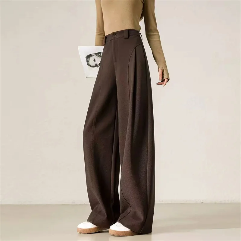 

Осенние женские прямые шерстяные брюки, зимние модные однотонные свободные брюки в корейском стиле, повседневные брюки с высокой талией для женщин