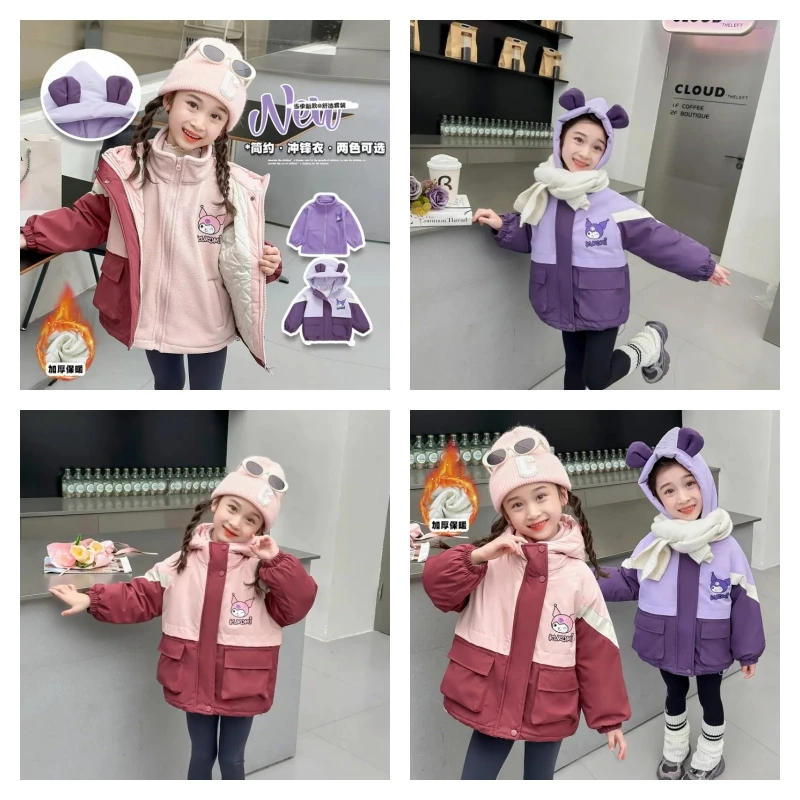 

Популярные уличные куртки Sanrio для девочек Kuromi Kawaii, зимние студенческие утепленные пальто «три в одном», топы, детская одежда, новый стиль