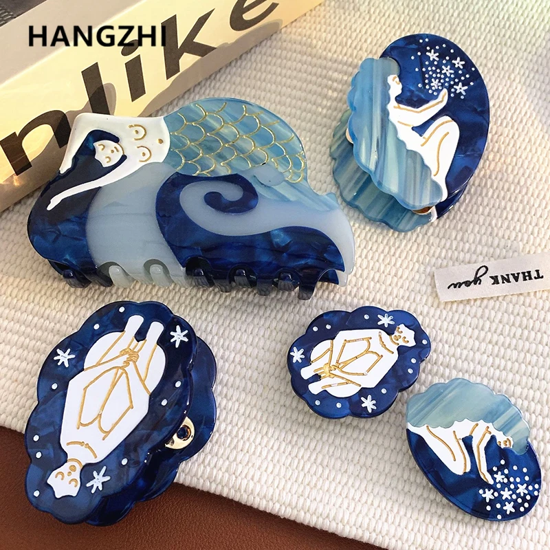 2023 New Blue Mermaid Hair Claw Clip Acetic Acid Wave Starry Sky Clips for Women Girls Kids Hairpin Sea Fish Crabs Headwear Set