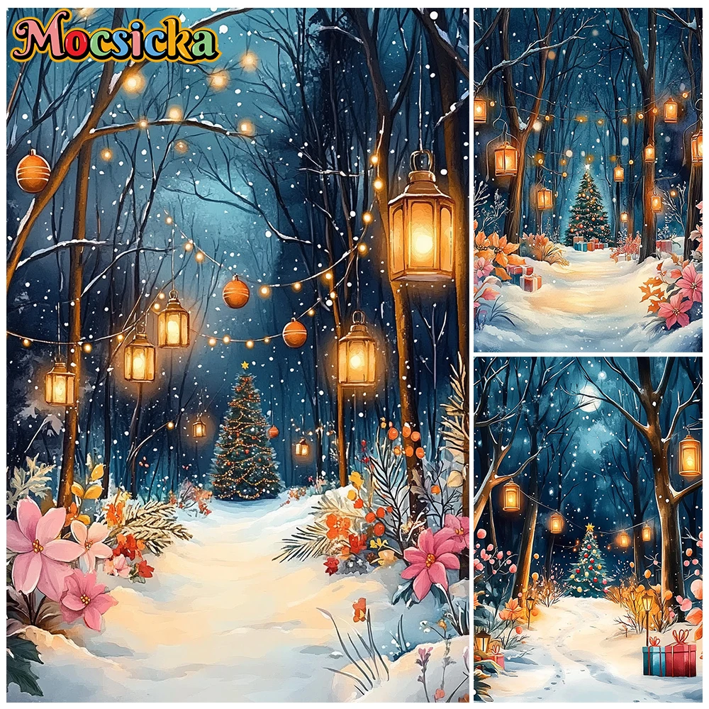 Mocsicka Christmas Forest Photography Backdrop Magical Winter Woods Lanterns Lights Photo Background Family Holiday Photo Shoots