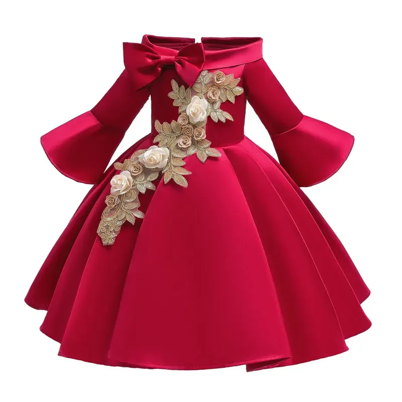 Fashion Floral Flower Girl Dresses for Weddings Solid Children Clothing Girls Dresses Long Seleve Kids Clothing Princess Dress