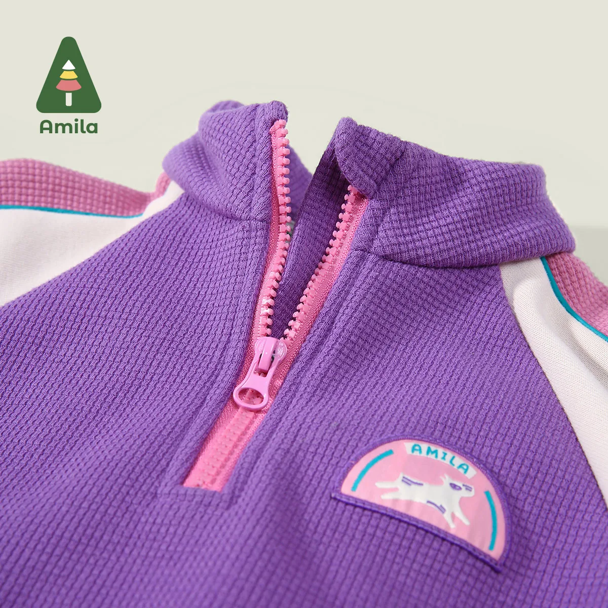 Amila Baby Suit 2024 Winter New High Quality Girls Purple Contrast High Collar Sports Warm Soft Loose Casual Children‘s Clothing