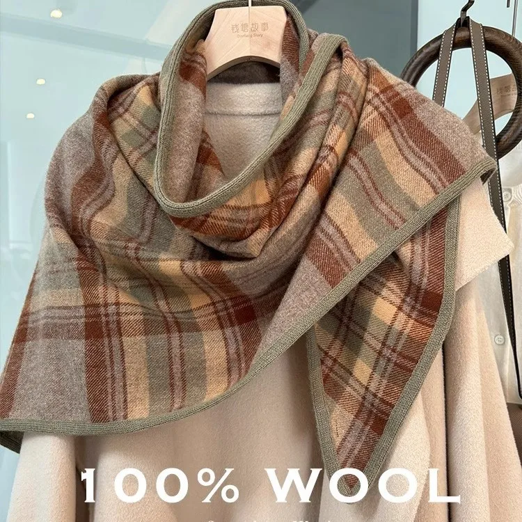 

100% WOOL Green Grey Green! Wool scarf for women, winter warmth, high-end feeling, triangular scarf, shawl, scarf dual-use