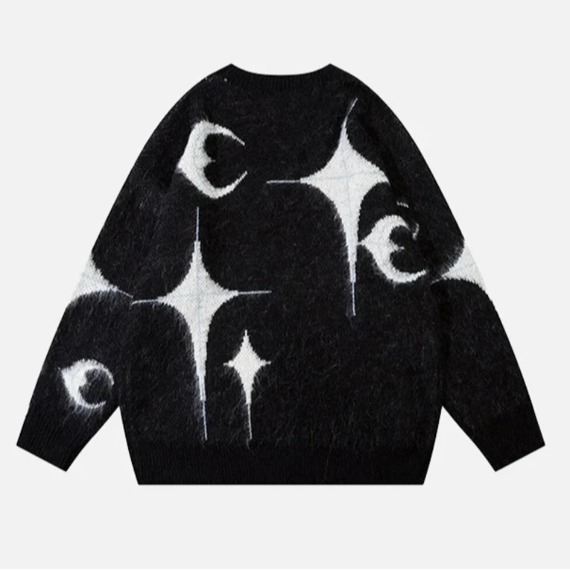 Y2K retro winter warm sweater men's street sweater star moon pattern knitted sweater hip-hop pullover cotton Harajuku sweater