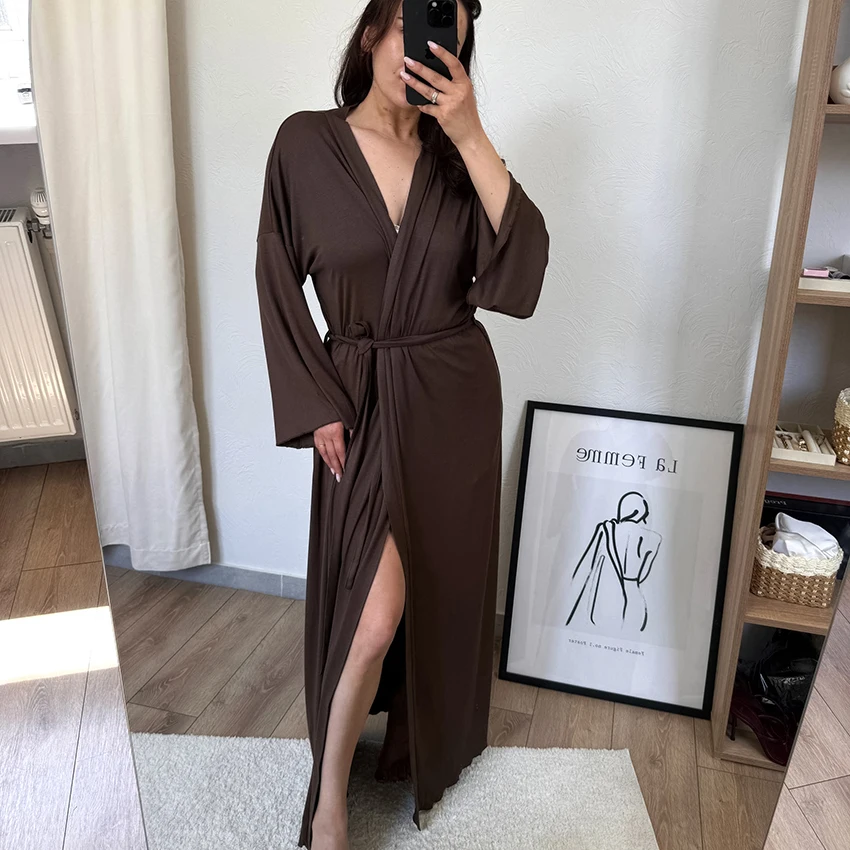 HiLoc Brown Elegant Home Loose Knitted Inelastic Lady Ankle-Length Nightgown Horn Sleeve V-Neck Wrapped Strap Robe 2026 Autumn