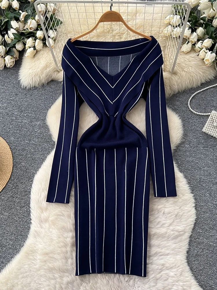 Ele V-ne Long Sve Striped Knitted Dr Women's Slim Fit Bodycon Skirt High Waist Korean Sle Commute Summer Polyes...