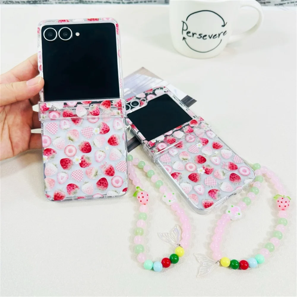 Cute Fresh Fruit Sweet Strawberry Print Clear Phone Case for Samsung Galaxy Z Flip 7-3 Colorful Bead Strap Protective Cover