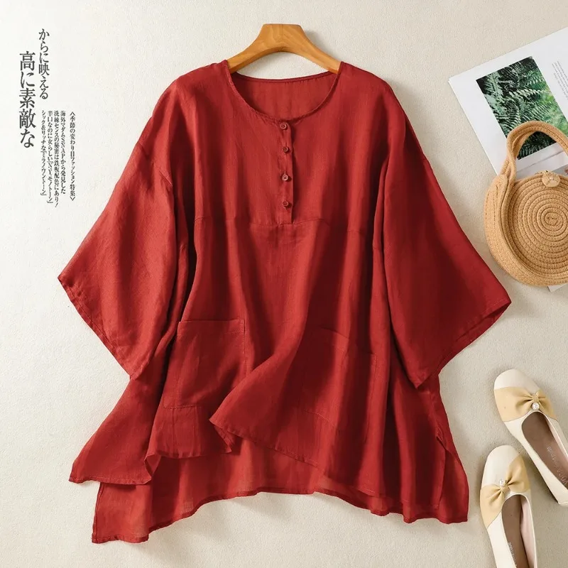 

Chinese Style Vintage Loose Cotton Linen Blouse Women 2026 New Summer Casual O Neck Buttons See Through Half Sleeve Thin Shirts