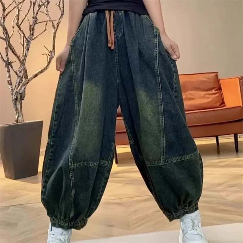 Retro Sand Washed Elastic Waist Jeans For Women 2024 New Large Size Loose Wide Leg Lantern Pants Baggy Trousers A016