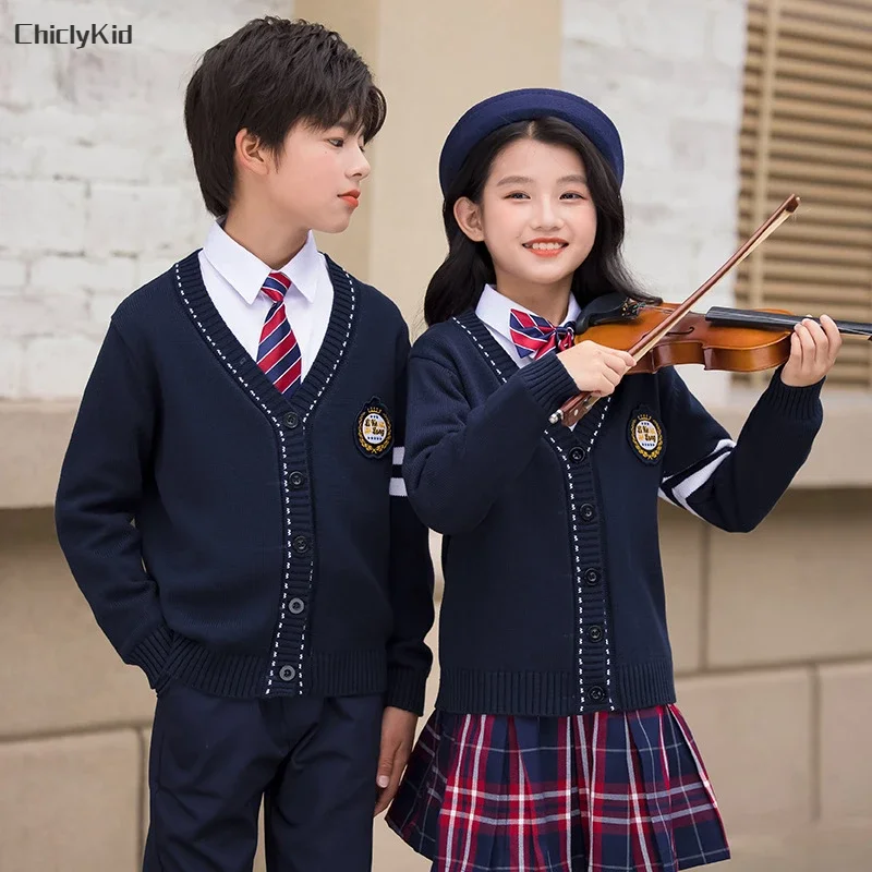 Children School Uniform Girls Navy Knitted Cardigan Plaid Skirts Pants Boys Formal Dress Suits Kids Student Clothes Class Sets