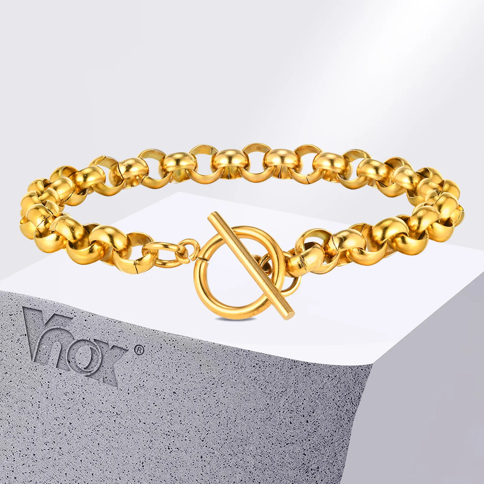 Vnox Stainless Steel Belcher Rolo Bracelet, Simple Women Metal Link Chain Wristband, T Bar Toggle Clasp fit 18cm Wrist