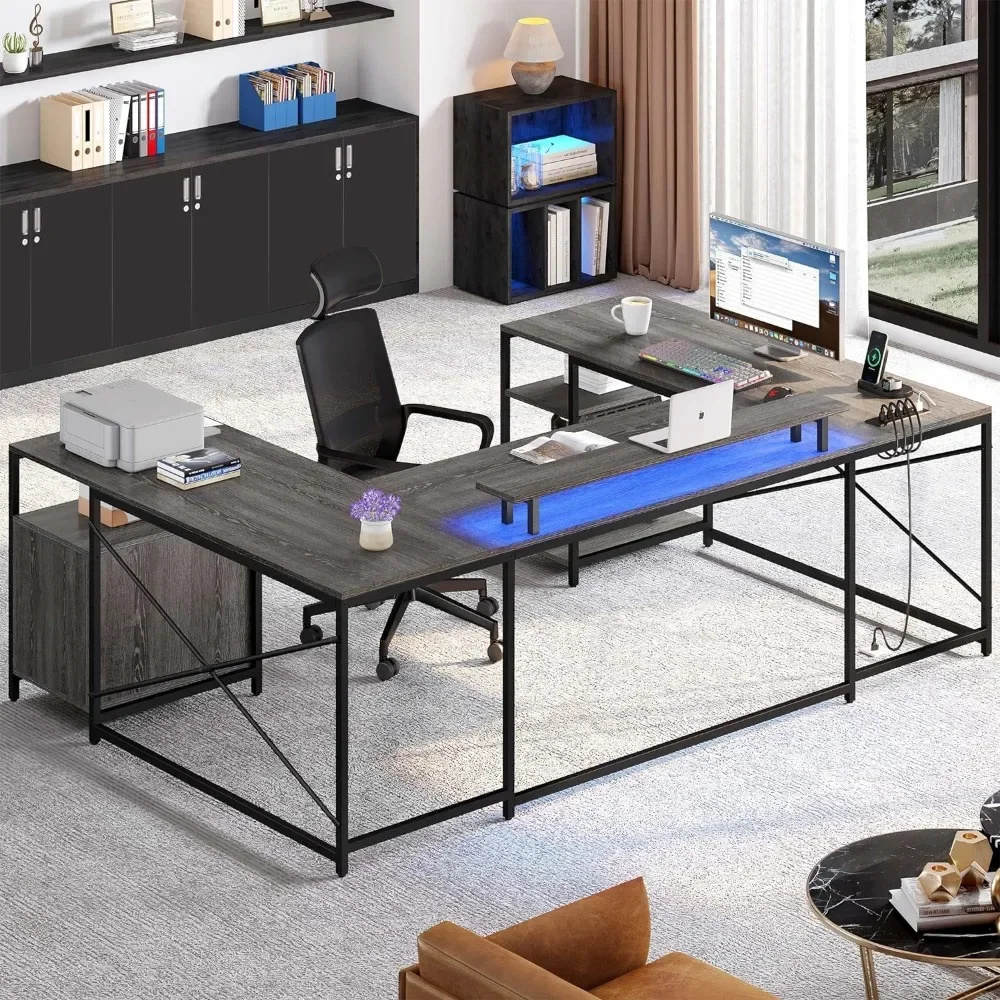 Mesa em forma de L computador com gavetas, mesa reversível em forma de U com Power Outlets e luzes LED, grande canto Office Desk