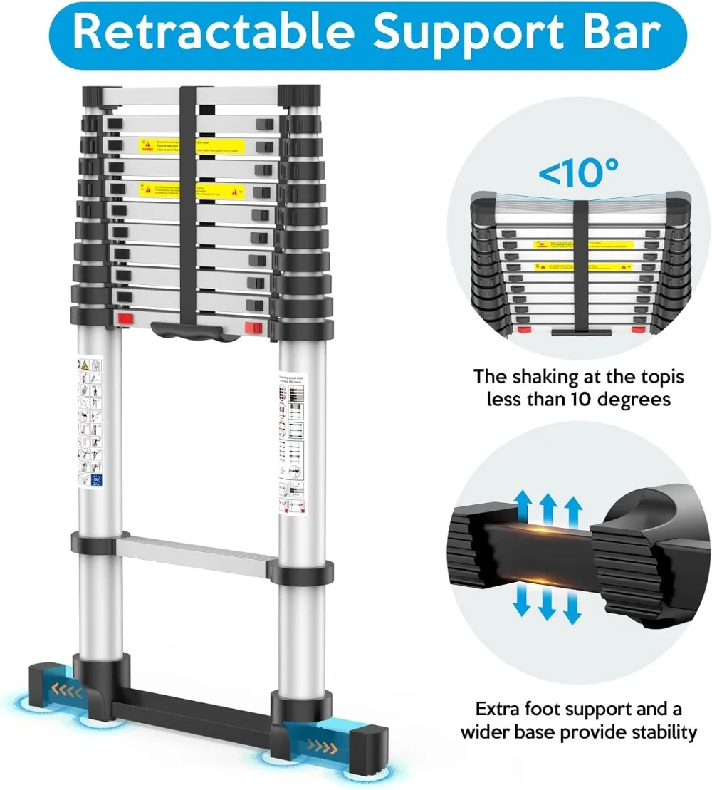 15.5FT Telescoping Ladder, Collapsible Ladder with Bottom Stabilizers, Slow Descent, and One-Key