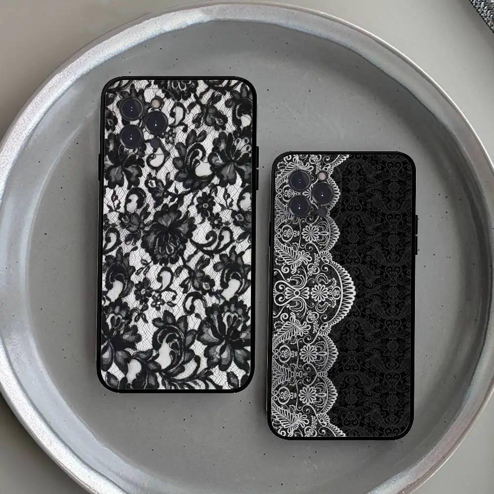 Estilo de renda legal menina caso de telefone para iphone 17 16 15 14 13 12 11 pro max plus preto escudo capa caso