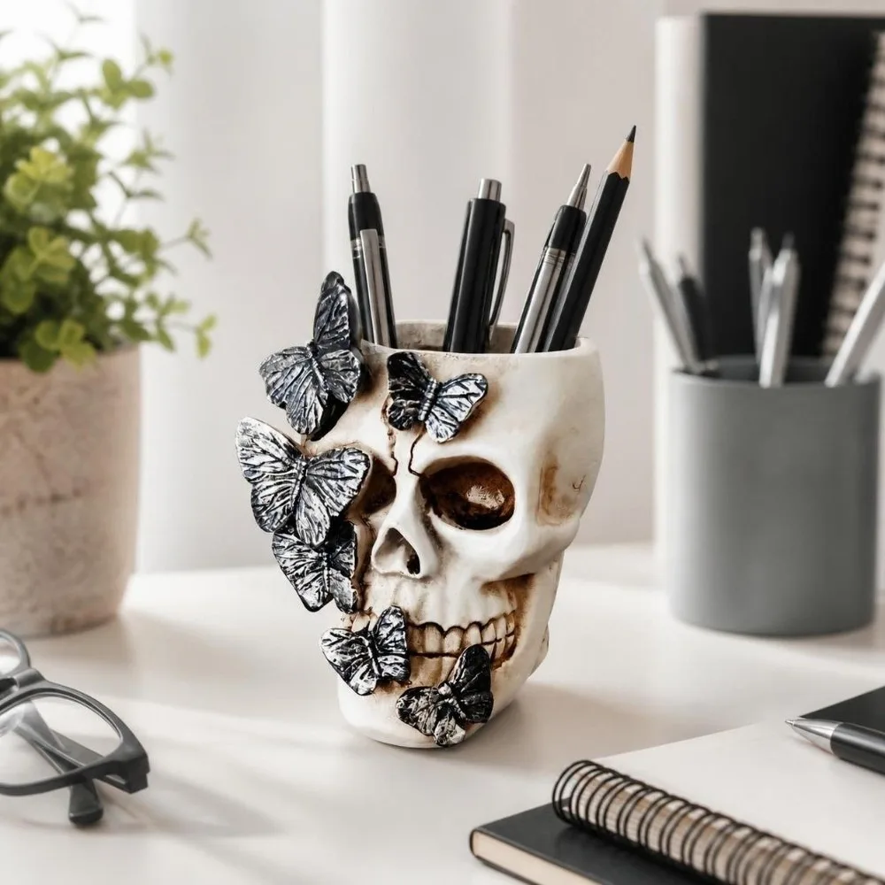 Gothic Butterfly Skeleton Statue Home Decorations Funny Halloween Skull Ornaments Vase Large Capacity Skull Pen Box Home