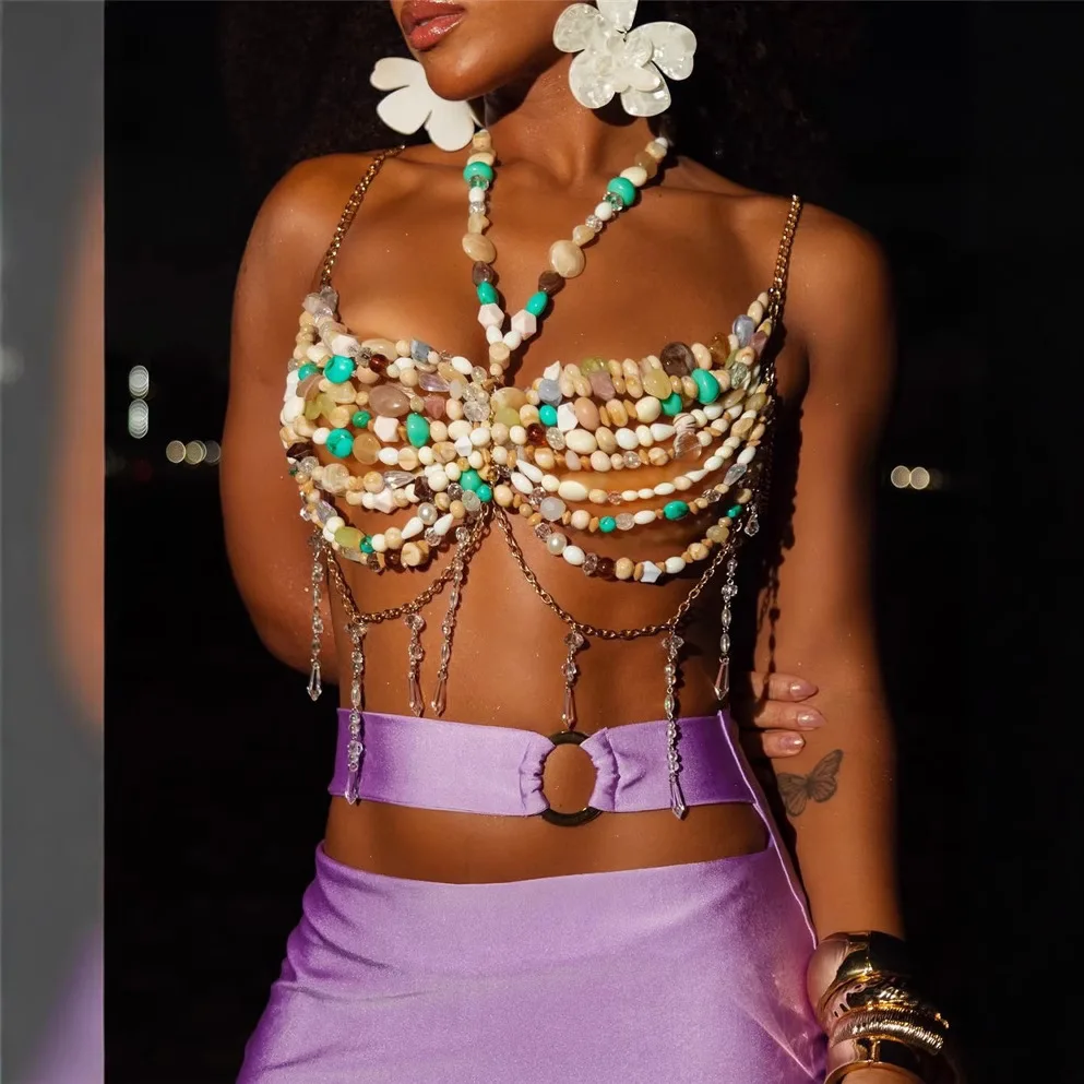 Muti-color Stone Beaded Camis Tops Bra Chain Sexy Tassel Hollow Out Backless Crop Tops Evening Party Summer Beach Breast Chain