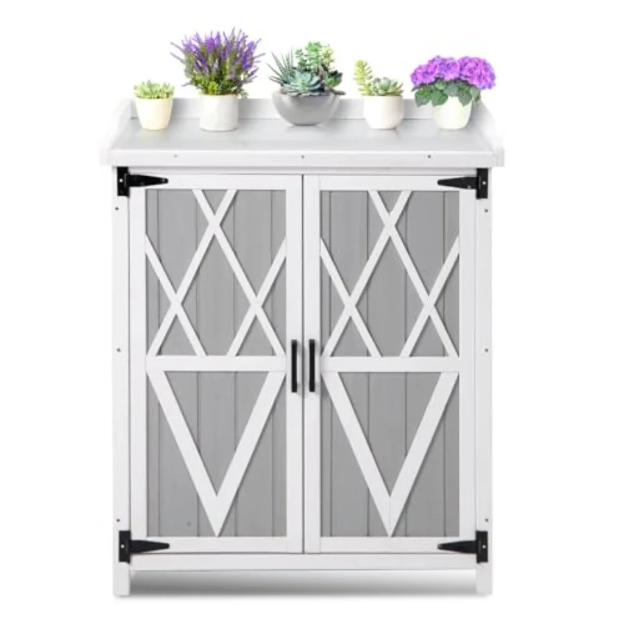 Waterproof Outdoor Storage Cabinet, Adjustable Shelves and Double Doors, Galvanized Metal Top, Garden Work Station for Backyard