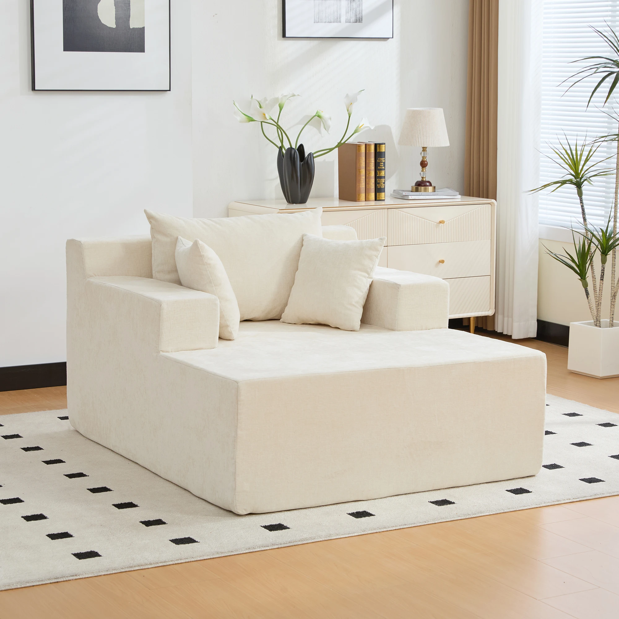 Canapé modulaire en chenille rembourré avec mousse haute élasticité 30D, base antidérapante, pas d'assemblage nécessaire, coussin moelleux avec chaise longue, canapé beige pour salon