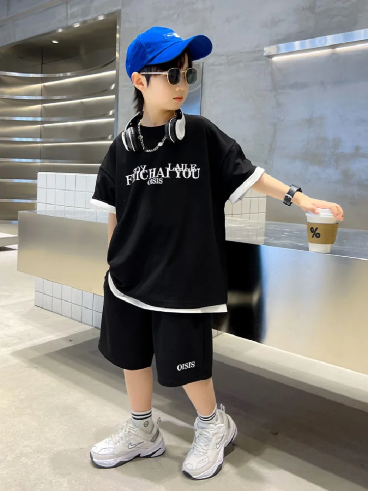 9-12Y Children Boy Summer Clothes Fashion Short Sleeve Letter Tshirt Top and Short Bottom 2pcs Outfit Teenage Casual Tracksuit